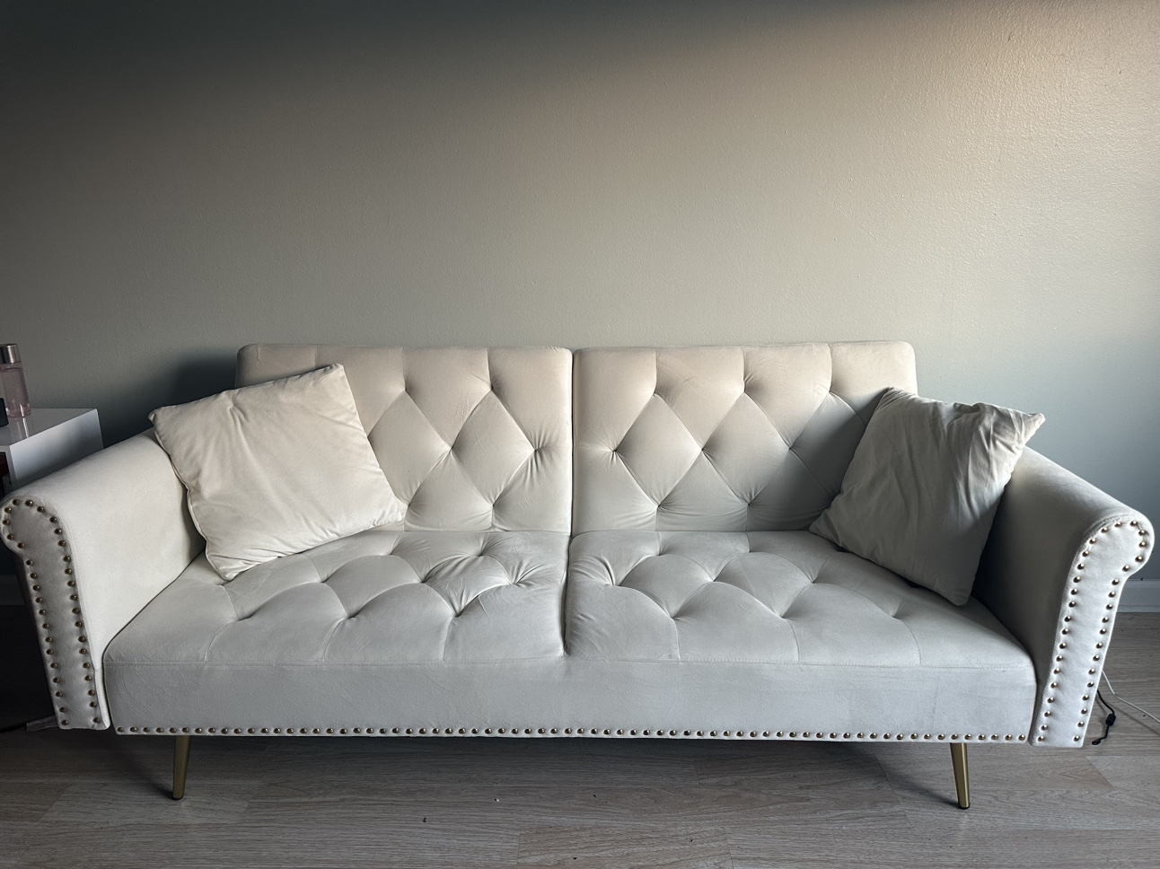 Convertible sofa,  beige velvet couch