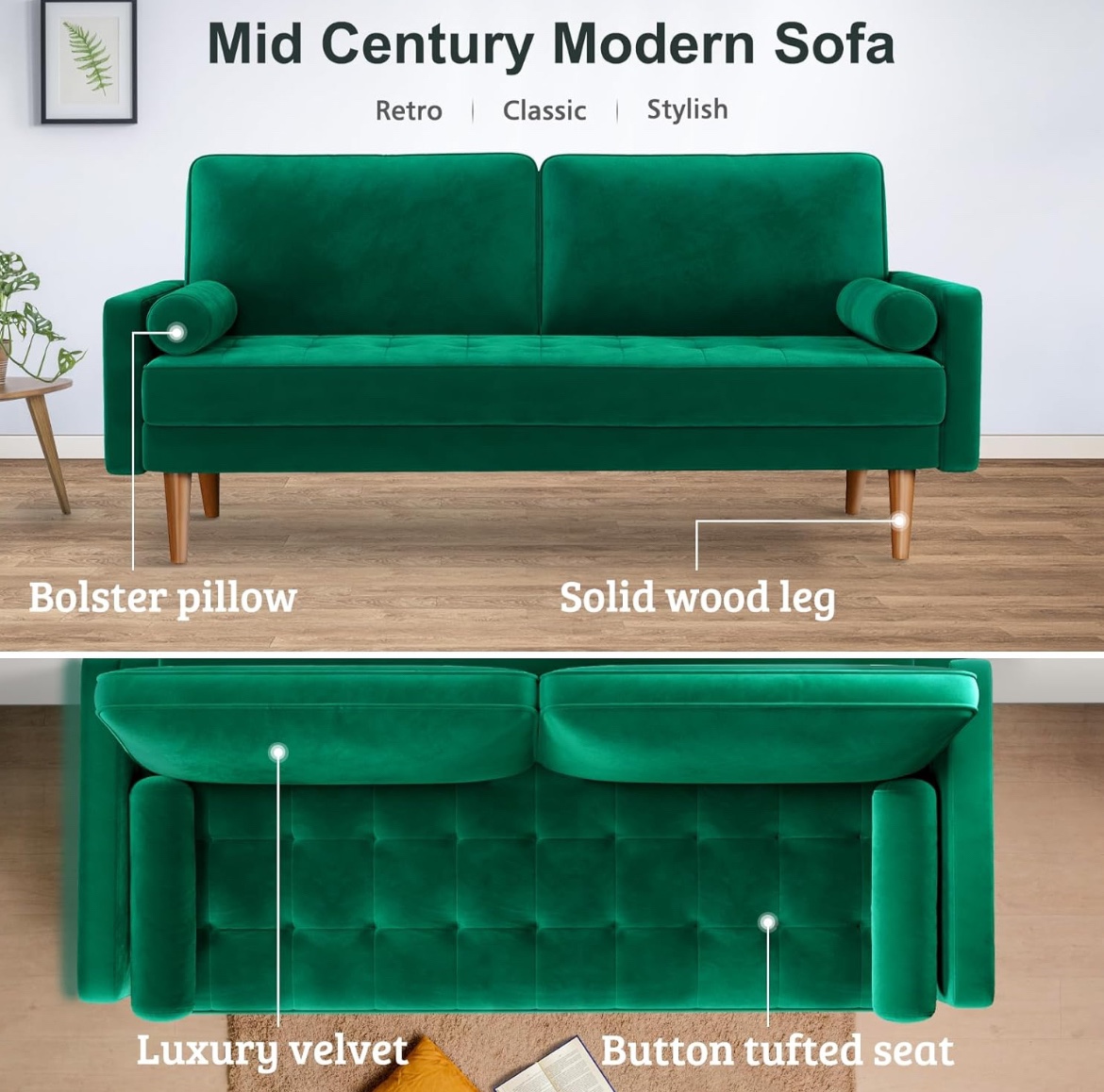 Vesgantti 70 inch Green Velvet Sofa Couch, - photo 2