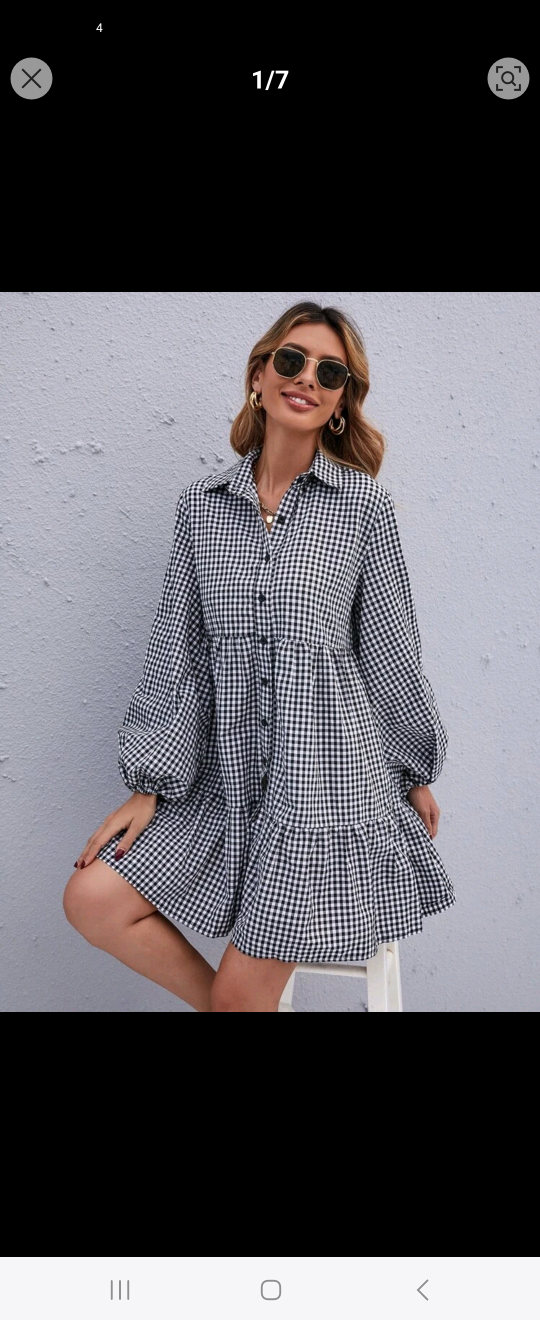 Gingham Bishop Sleeve Ruffle Hem Smock Dress