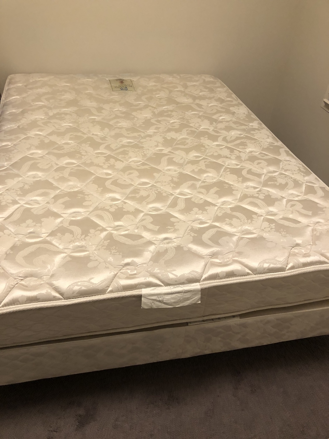 **Queen Mattress, Box Spring, & Steel Bed Frame on Glides**