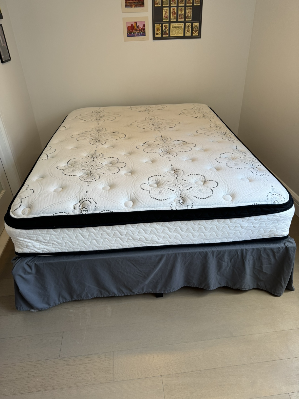 Queen mattress + frame + bed skirt
