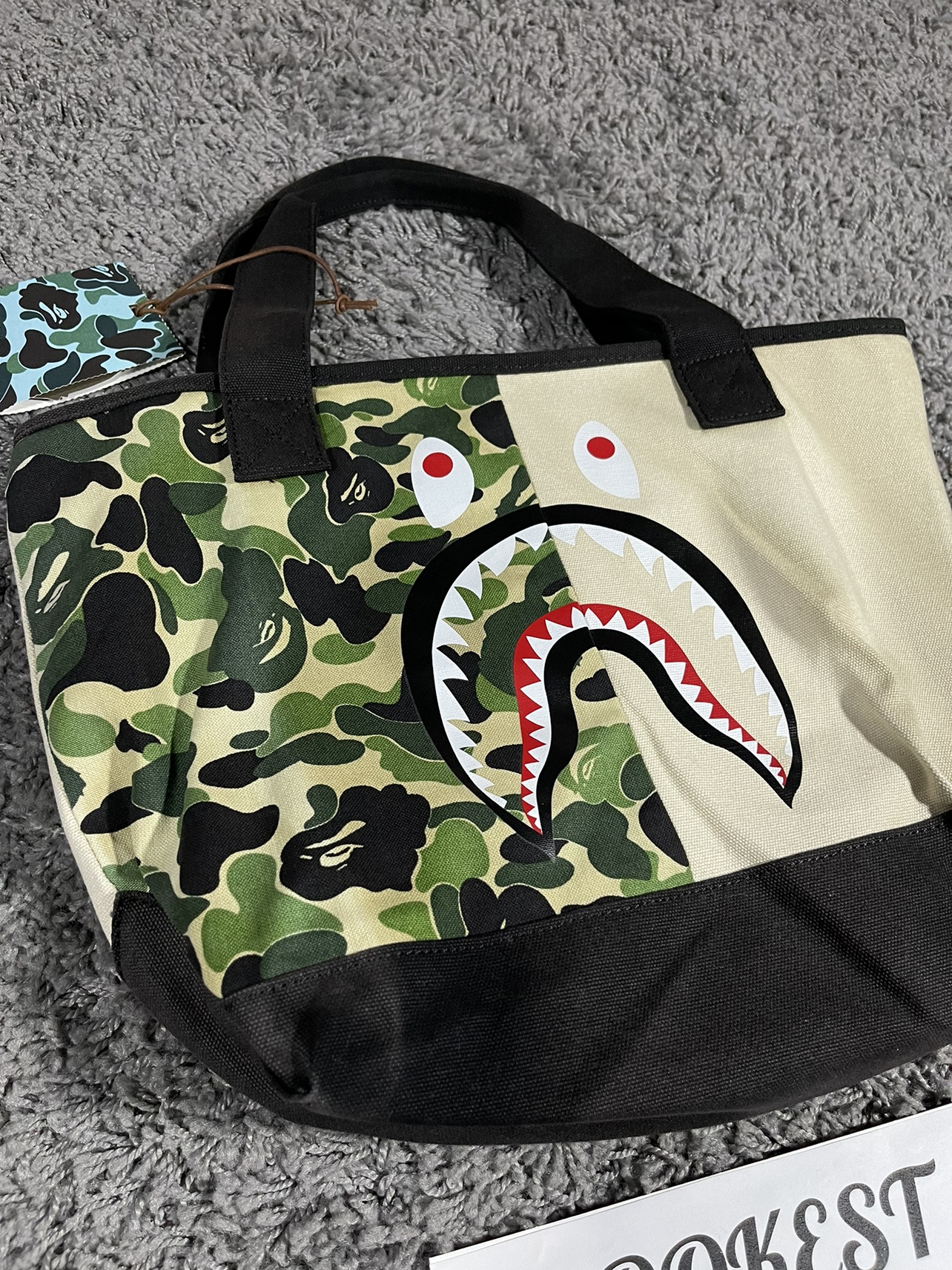 BAPE Half ABC Camo Shark Face Tote Bag Green Ivory image indicator(2)