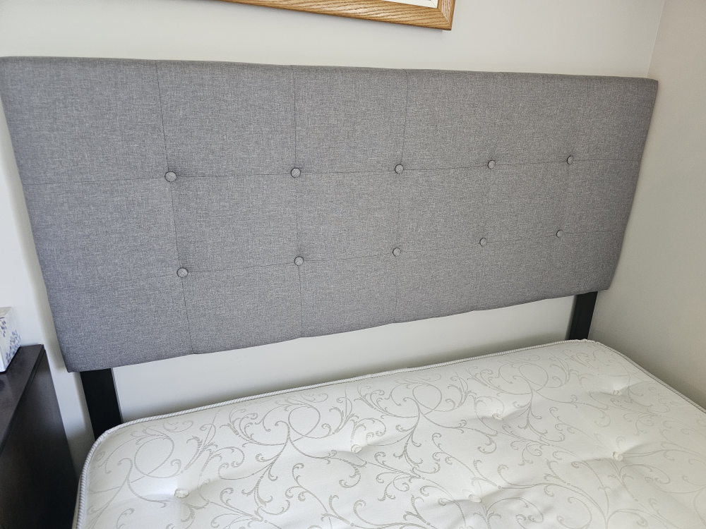 Queen bed frame, mattress, and box spring