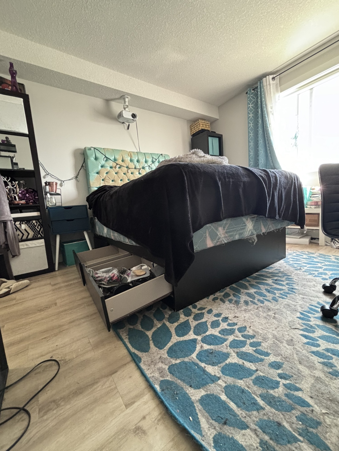 Double platform bed frame with drawers