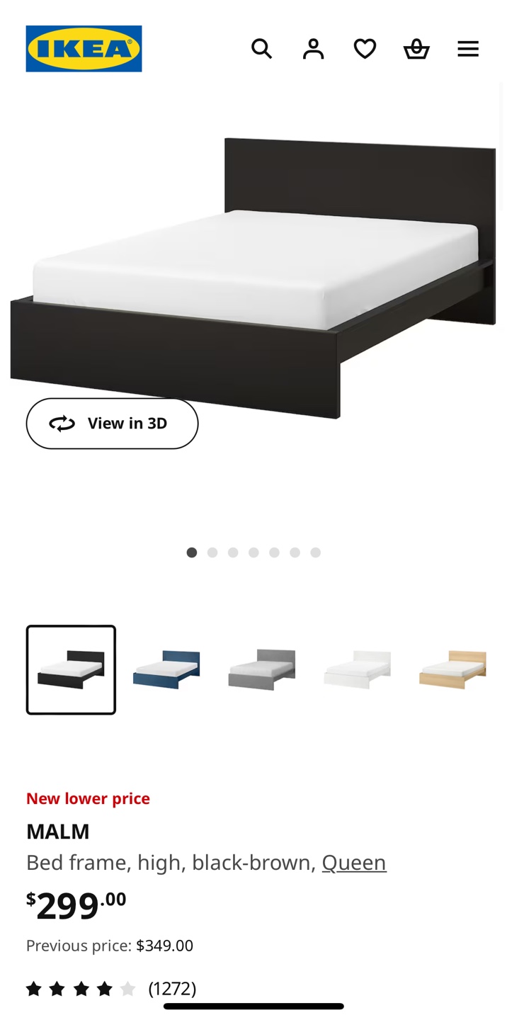 Bed frame, high, black-brown, Queen and mattress including