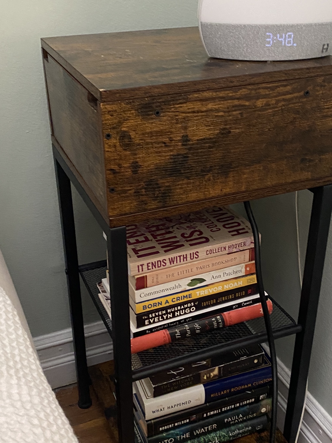 Side table with shelf and outlets