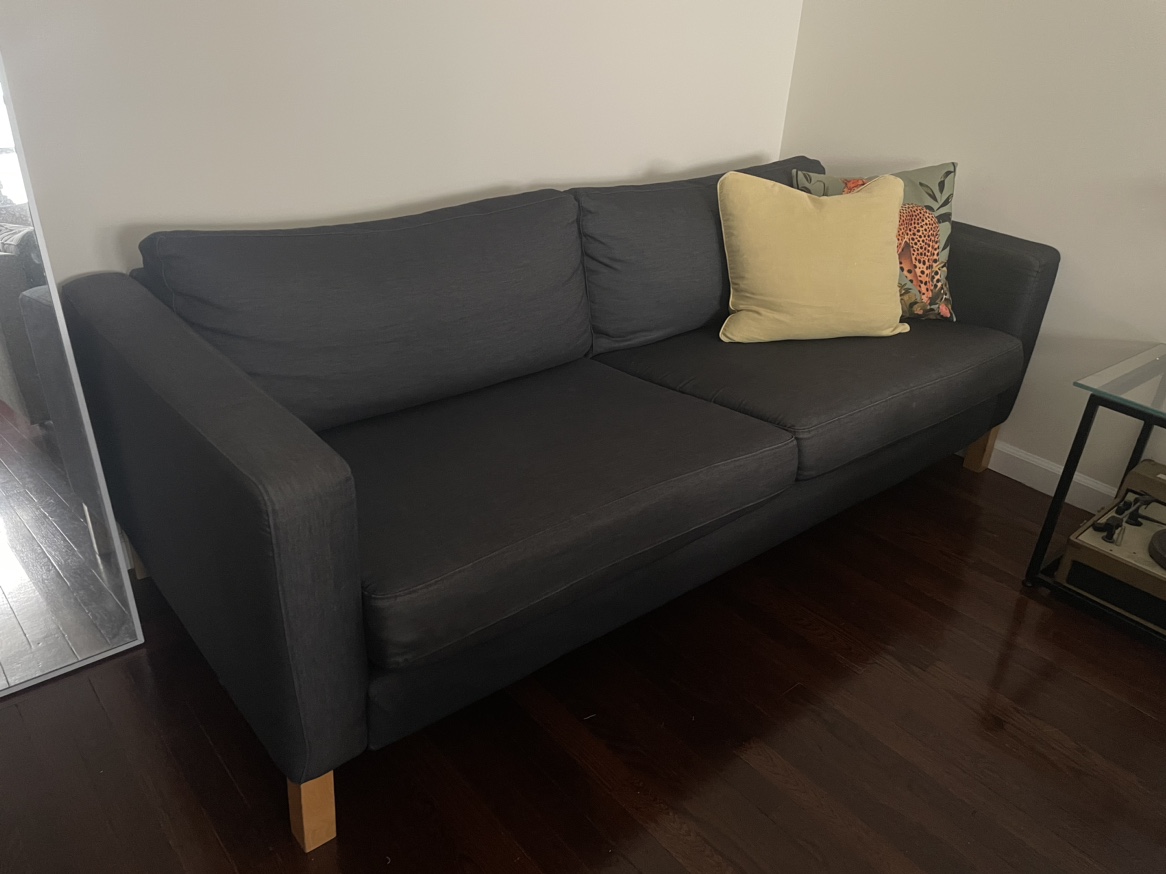 Sofa w/ navy blue denim fabric