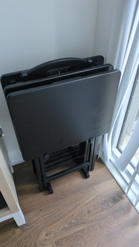 Folding TV Tray Tables w Compact Storage Rack, Black, 4 Pc Set