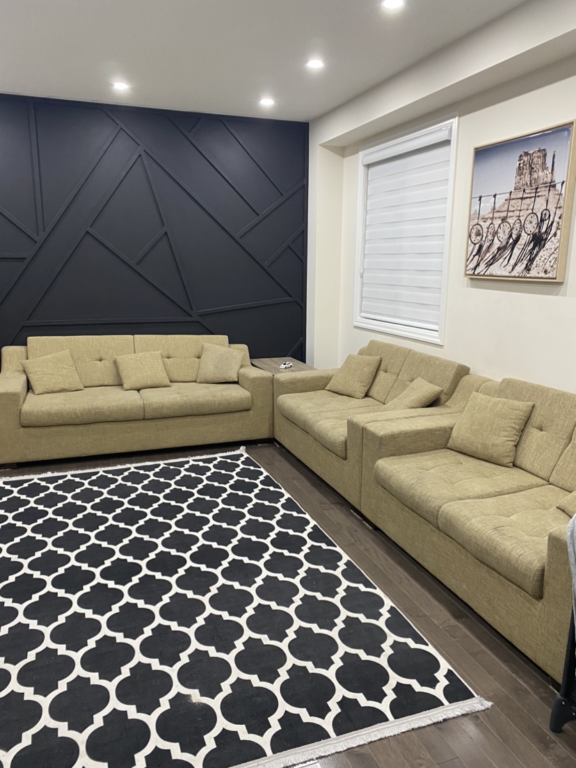 3 piece tan sofa set, with 7 cushions thumbnail