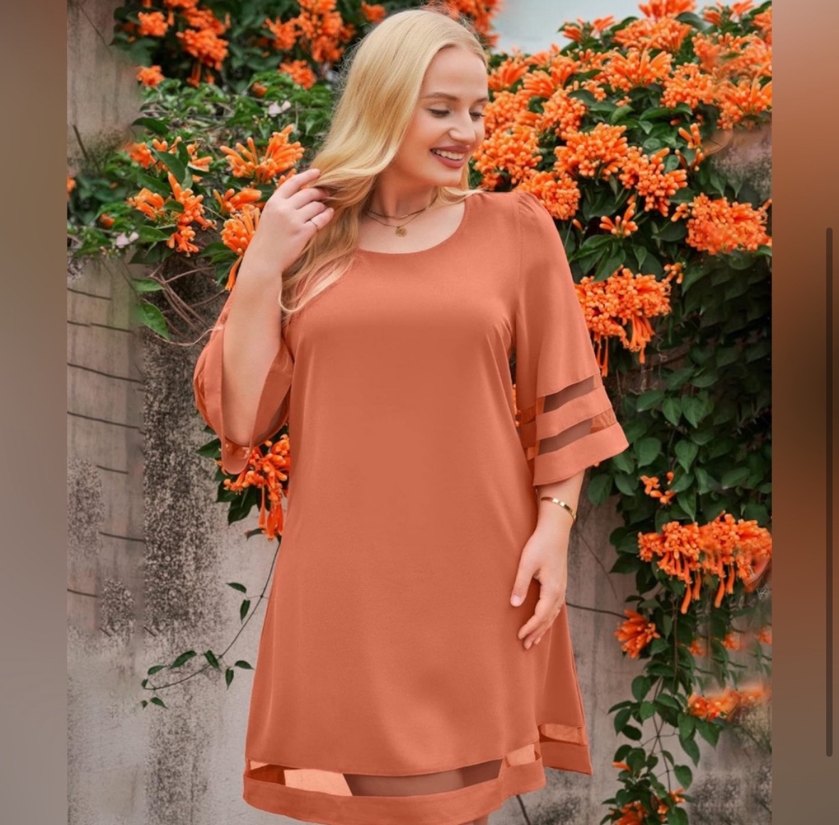 ⚽️NWOT Crewneck Mesh Panel 3/4 Bell Sleeve Loose Tunic Dress - photo 3