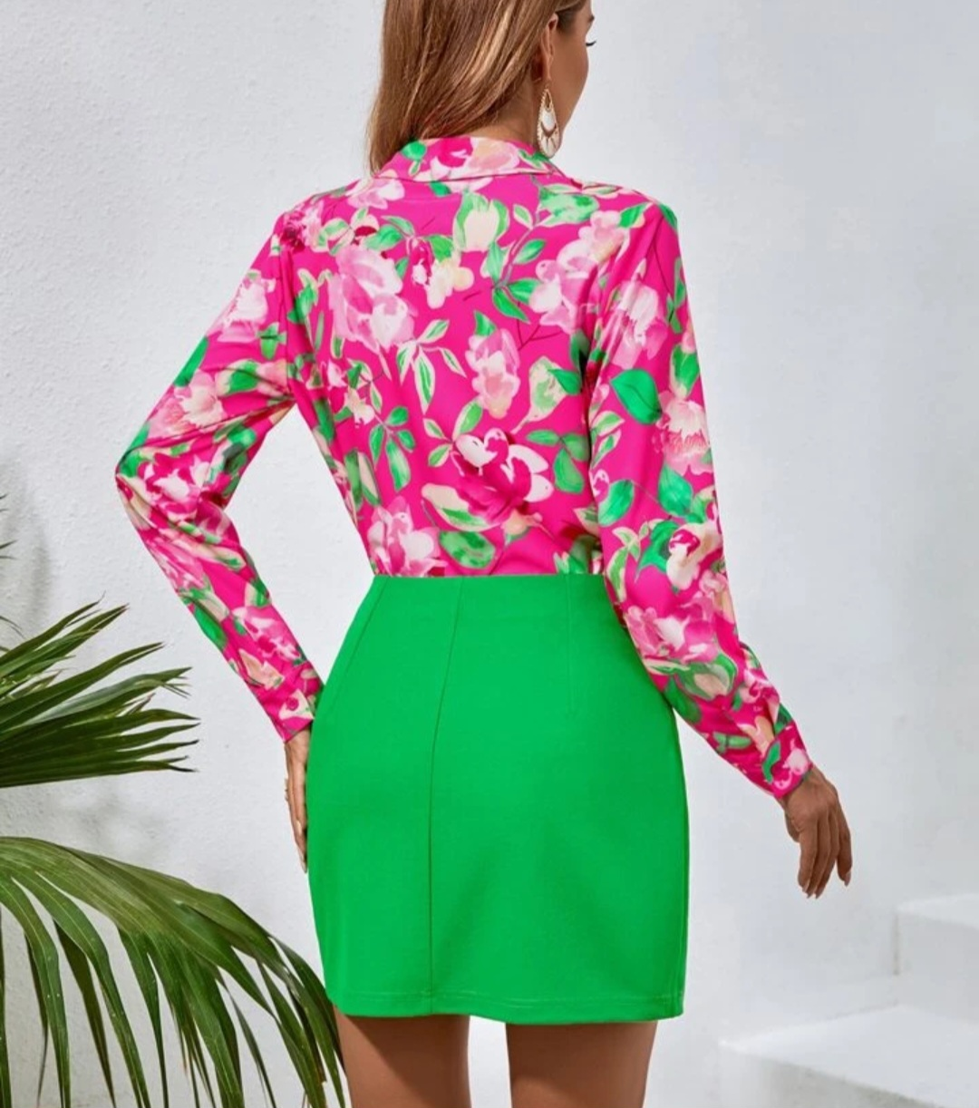 Pretty floral print shirt&solid skirt image indicator(2)