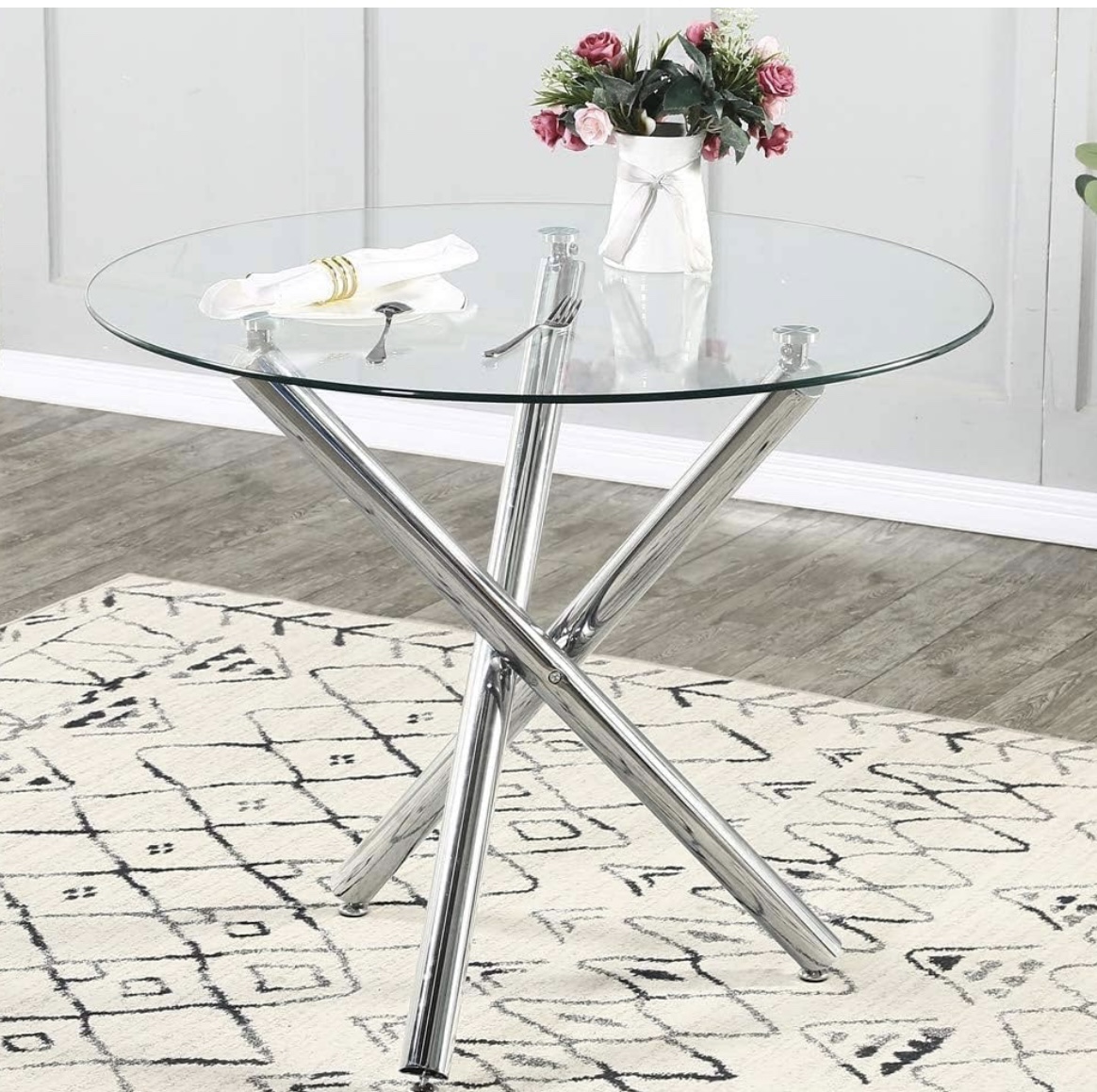 STYLIFING Dining Room Set Round Clear Glass Top Crisscrossing