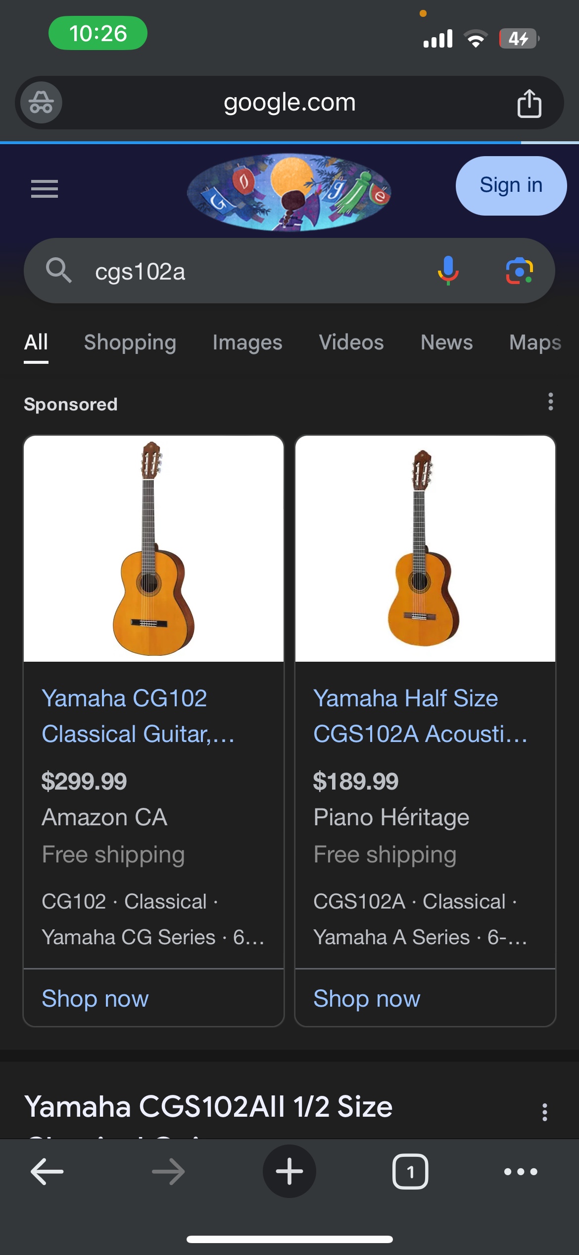 Yahama CGS102A half sized guitar