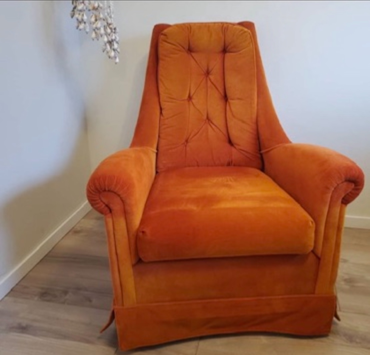 Orange velvet mid century chair