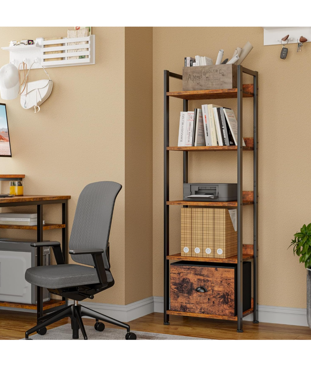 5 Tier Bookshelf with Shelf Storage Organizer, Brown Rustic