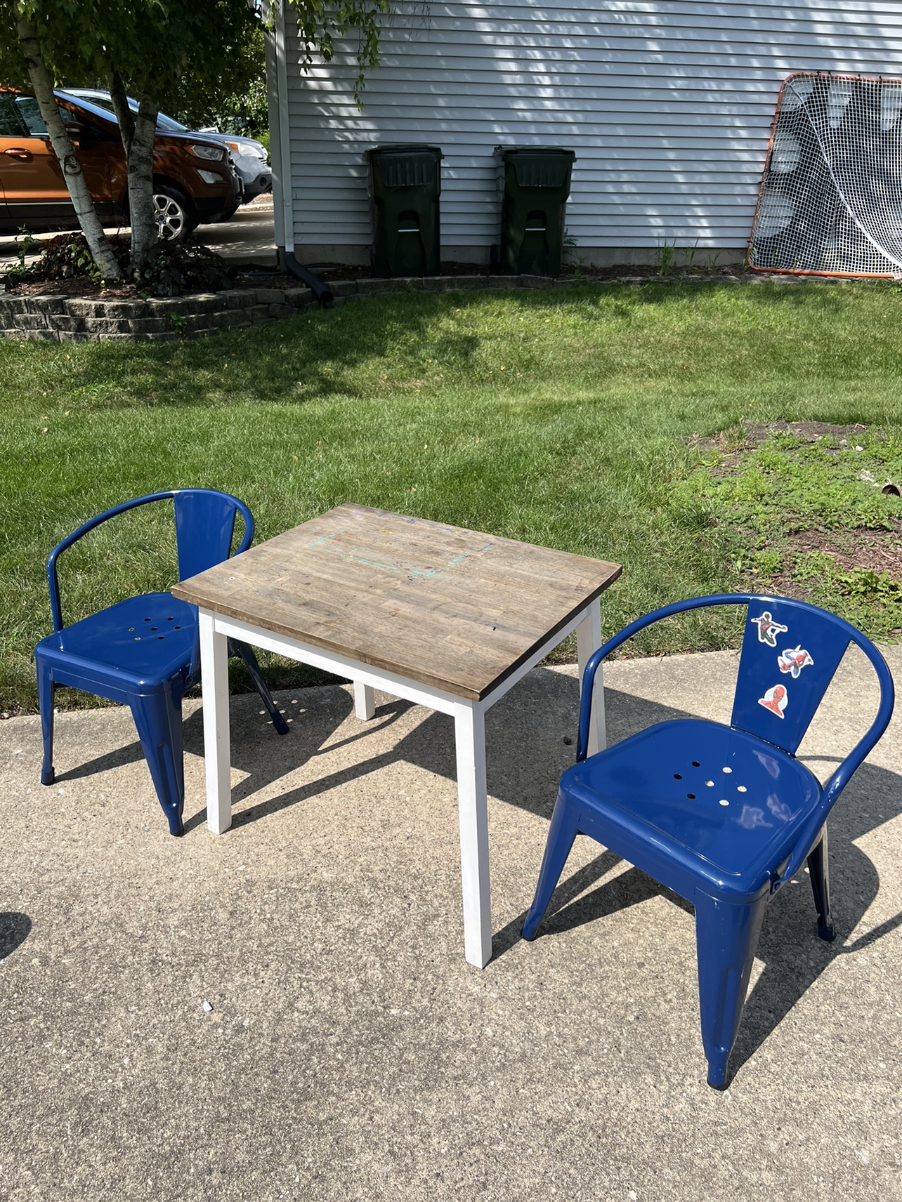 Kids Table and Blue Metal Chairs