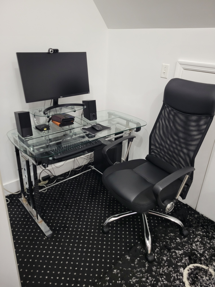 glass computer desk + rotating backrest chair