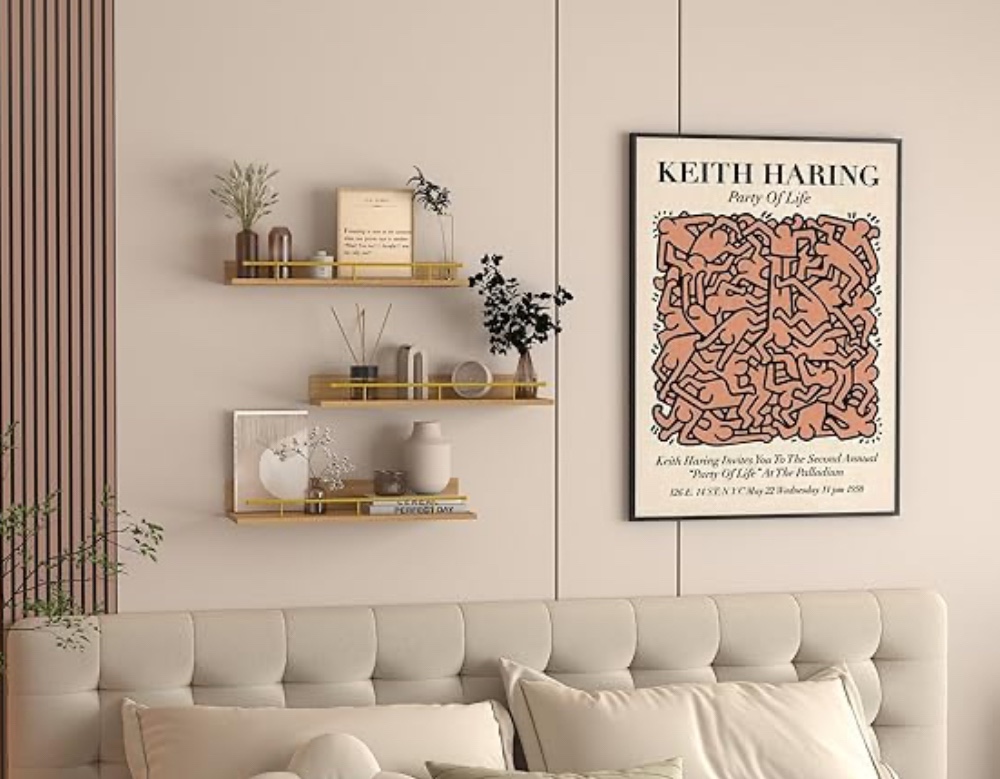 3 PCS Wall Shelves with Gold Metal Guardrail thumbnail