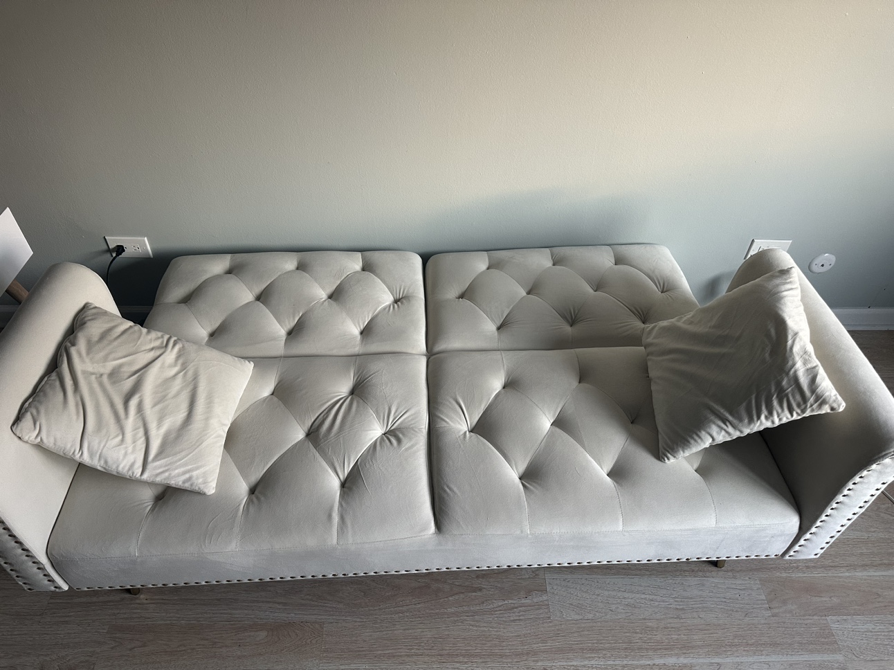 Convertible sofa,  beige velvet couch - photo 2