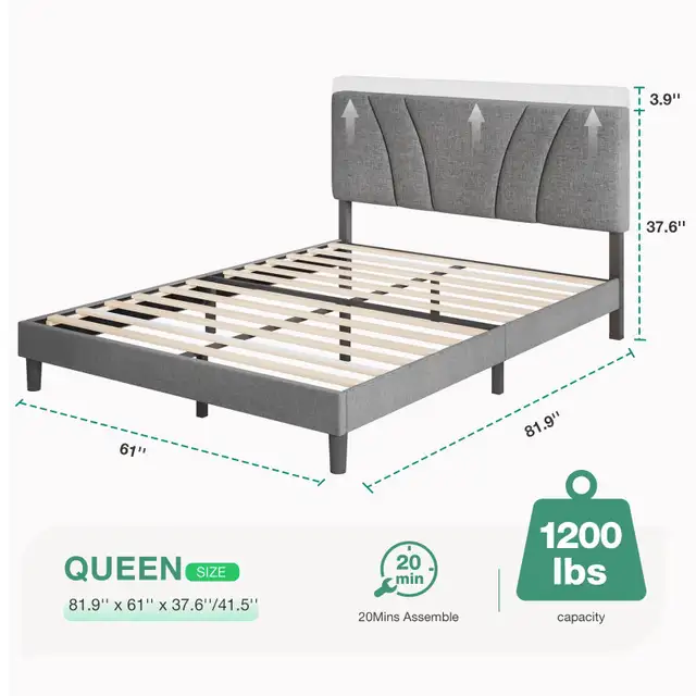 BRAND NEW Novilla Queen Size Upholstered Platform Bed Frame Grey image indicator(2)
