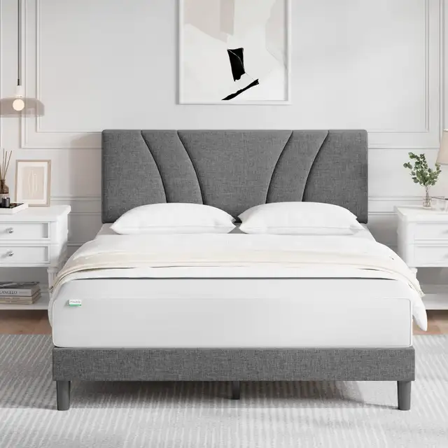 BRAND NEW Novilla Queen Size Upholstered Platform Bed Frame Grey image indicator(3)