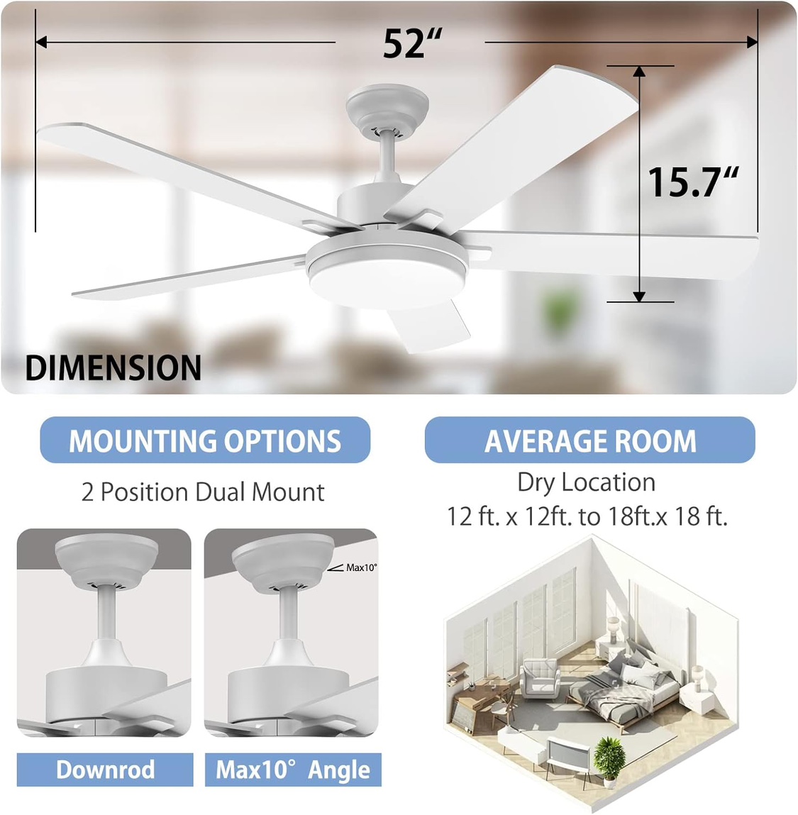 52” ceiling fan, with 5 dual-sided blades, light & remote - photo 5