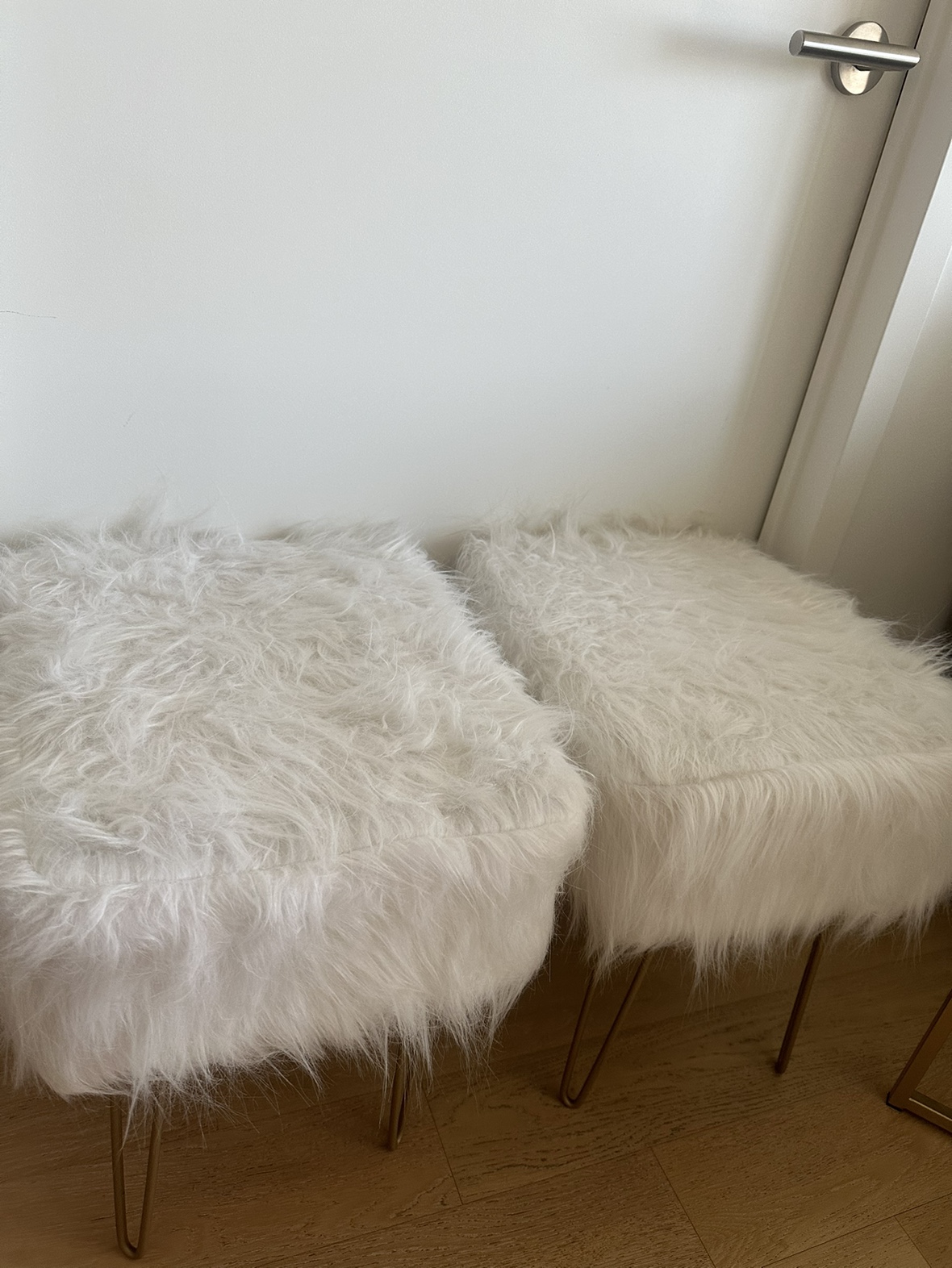 White Fur Ottomans with Gold Legs