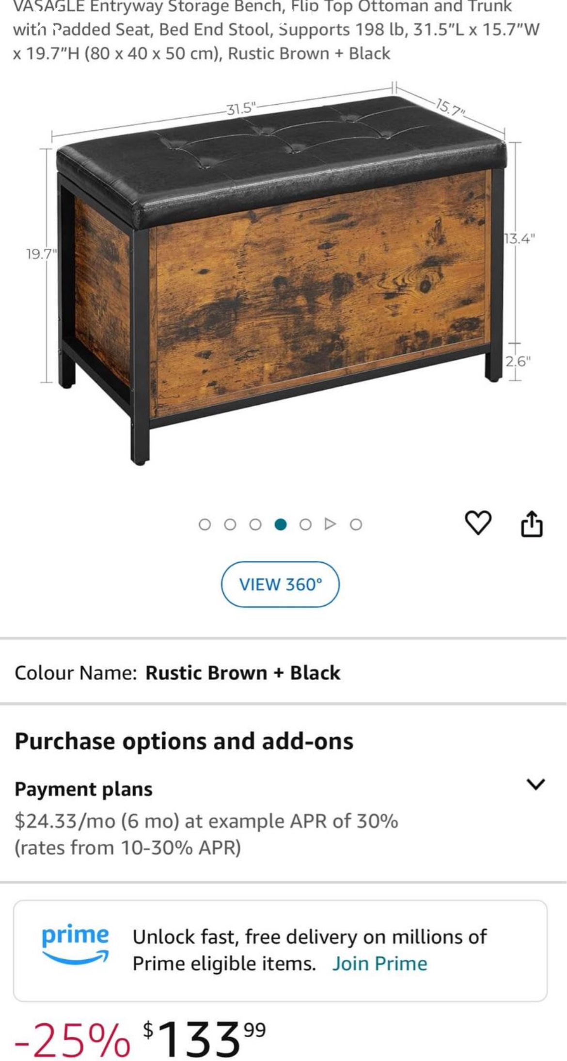 Storage Bench with Faux Leather Top (Rustic Brown + Black)