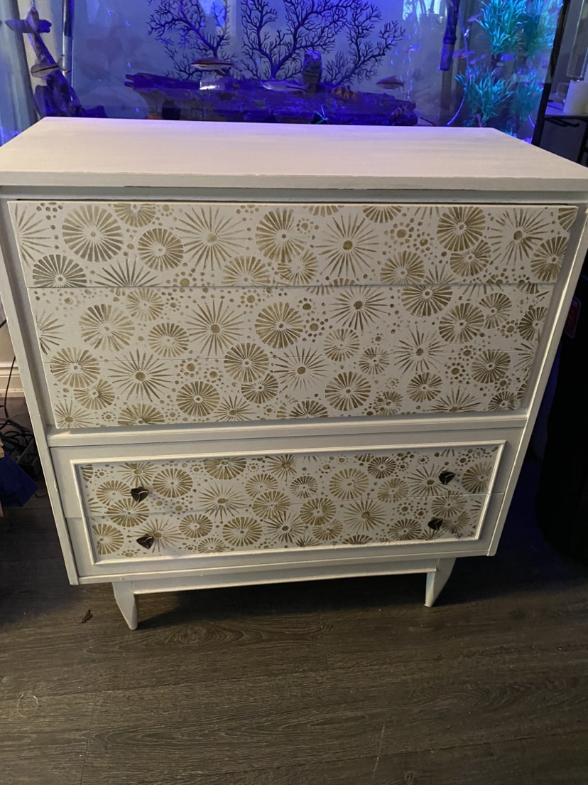 Raw silk painted 4Drawer Dresser with Gold Stencil