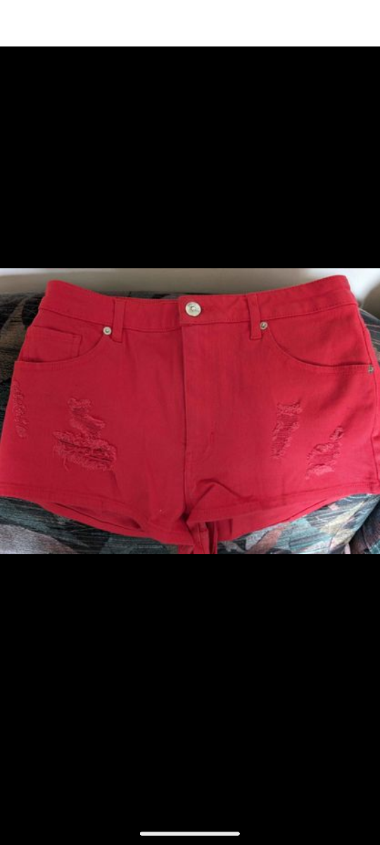 Red Distressed Denim Shorts