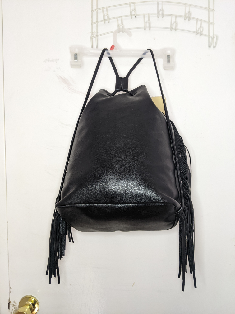 Victoria's Secret Fringe Drawstring Bag Faux Vegan Leather Black image indicator(2)