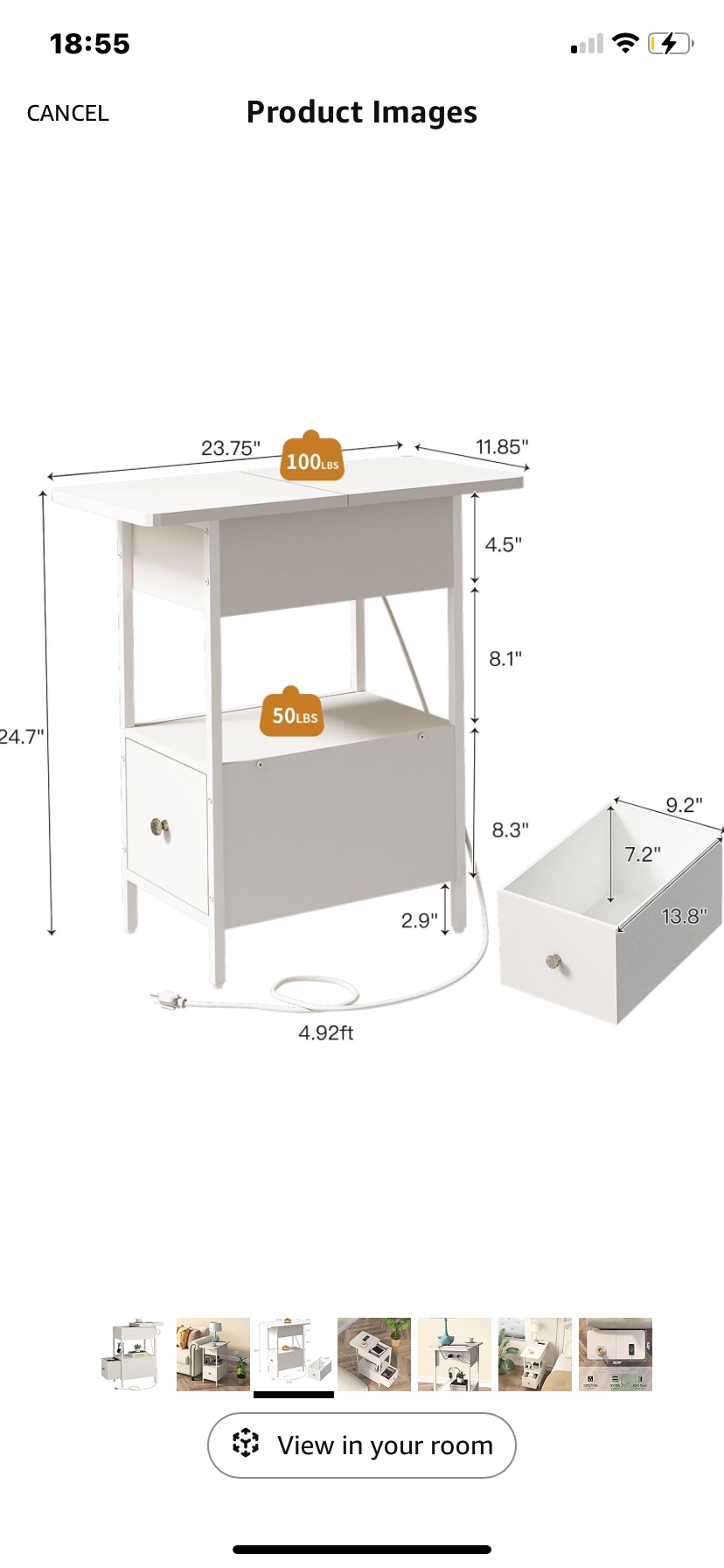 Narrow Side Table with Flip Top Cabinet and Fabric Drawer - photo 3