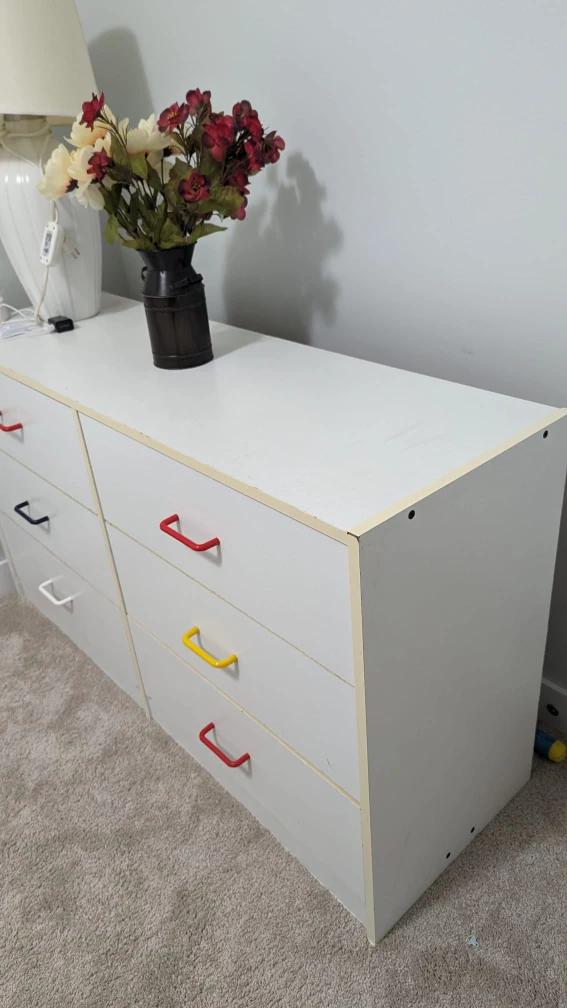 White Dresser with Colourful Handles- used good