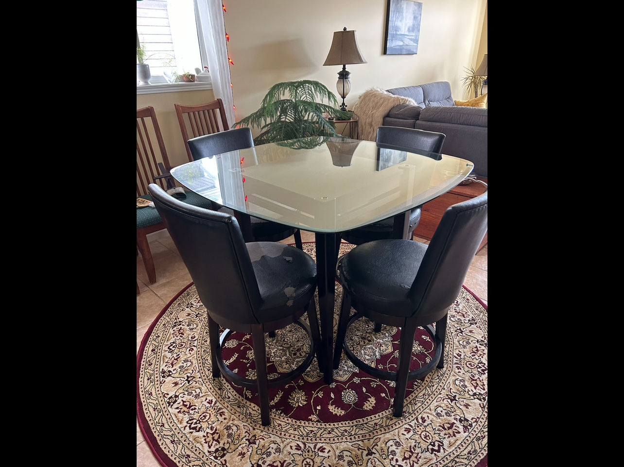 Dinning room tall glass table and 4 Chairs thumbnail