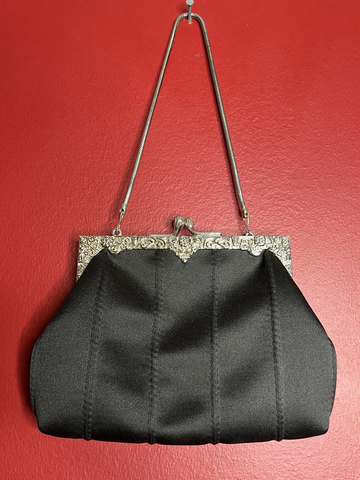 Vintage 1930s Black Satin Clutch with Chain