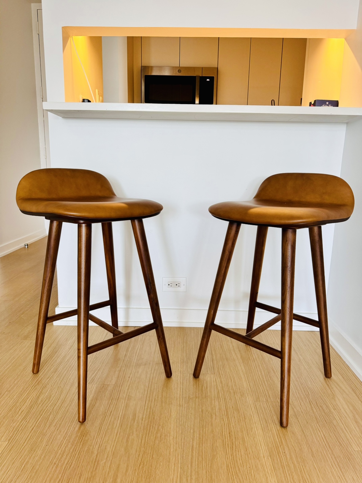 Set of Two West Elm Boulder Leather Bar Stools