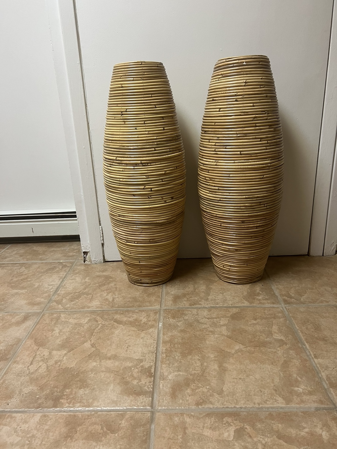 Set of Two Tall Rattan Vases