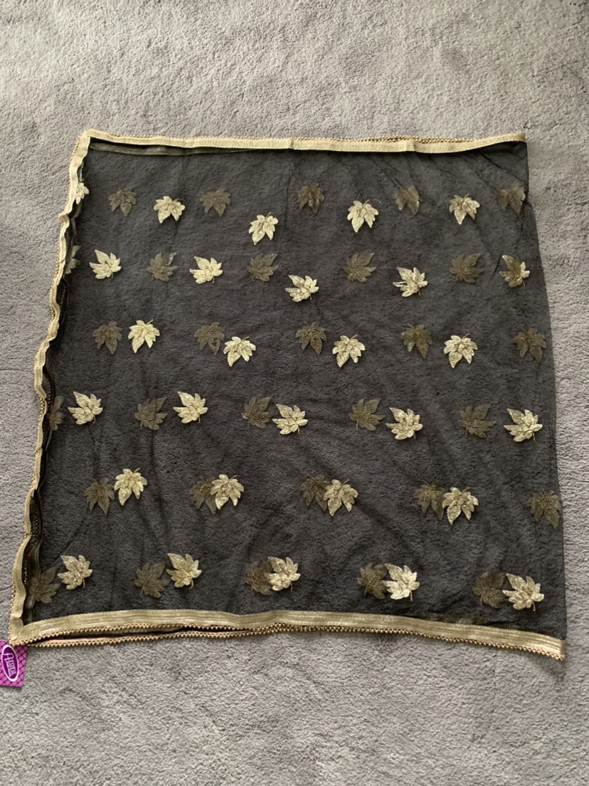 Black Net Indian Dupatta with Gold Leaf Design - photo 2