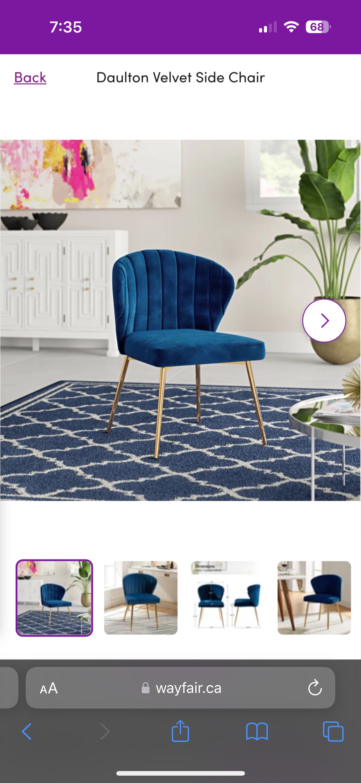 Blue and gold Velvet Side/accent/vanity Chair