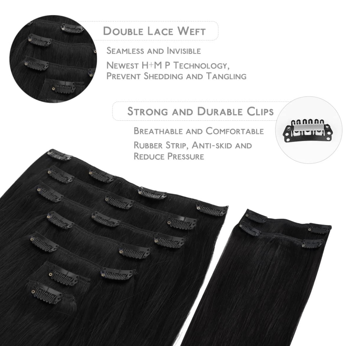 22 in Human Hair extensions 150g 9pcs Jet Black Double Weft thumbnail