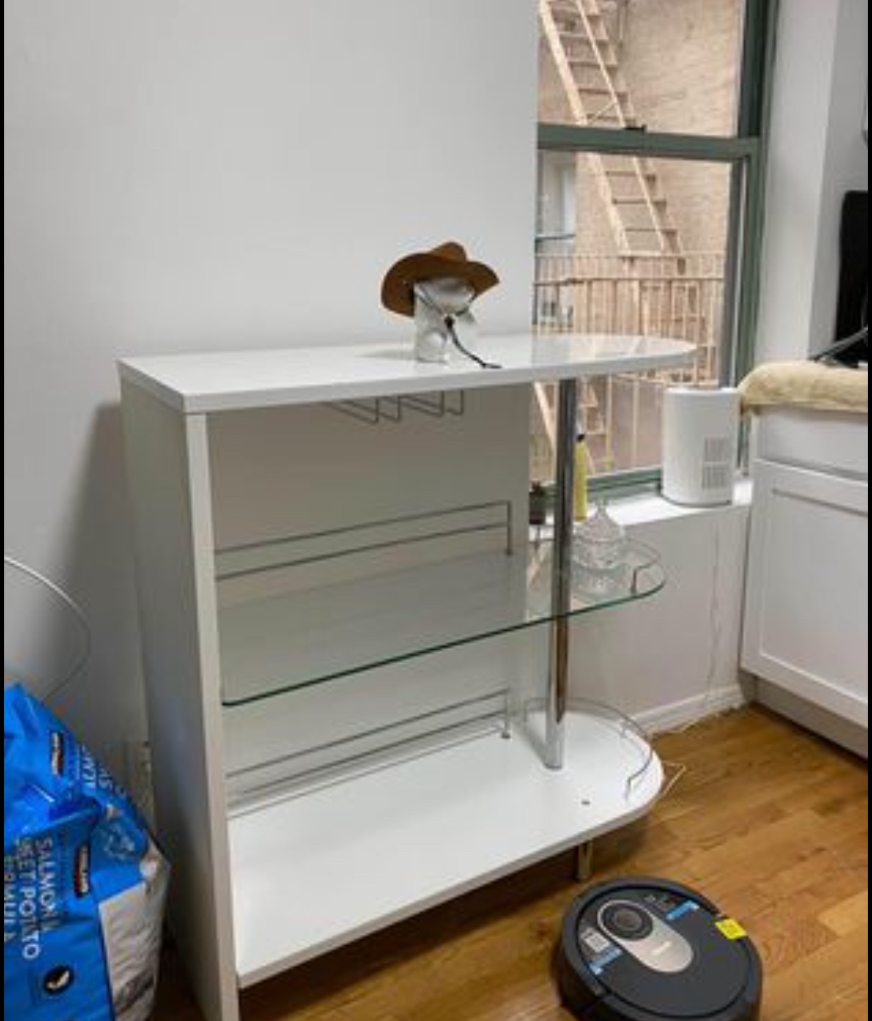 White Bar Cart with Glass Shelves