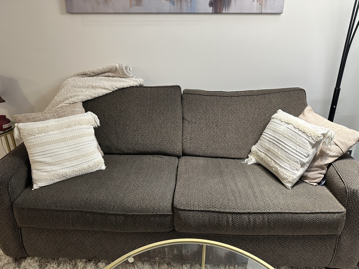 Brown 2 seater sofa with pillows