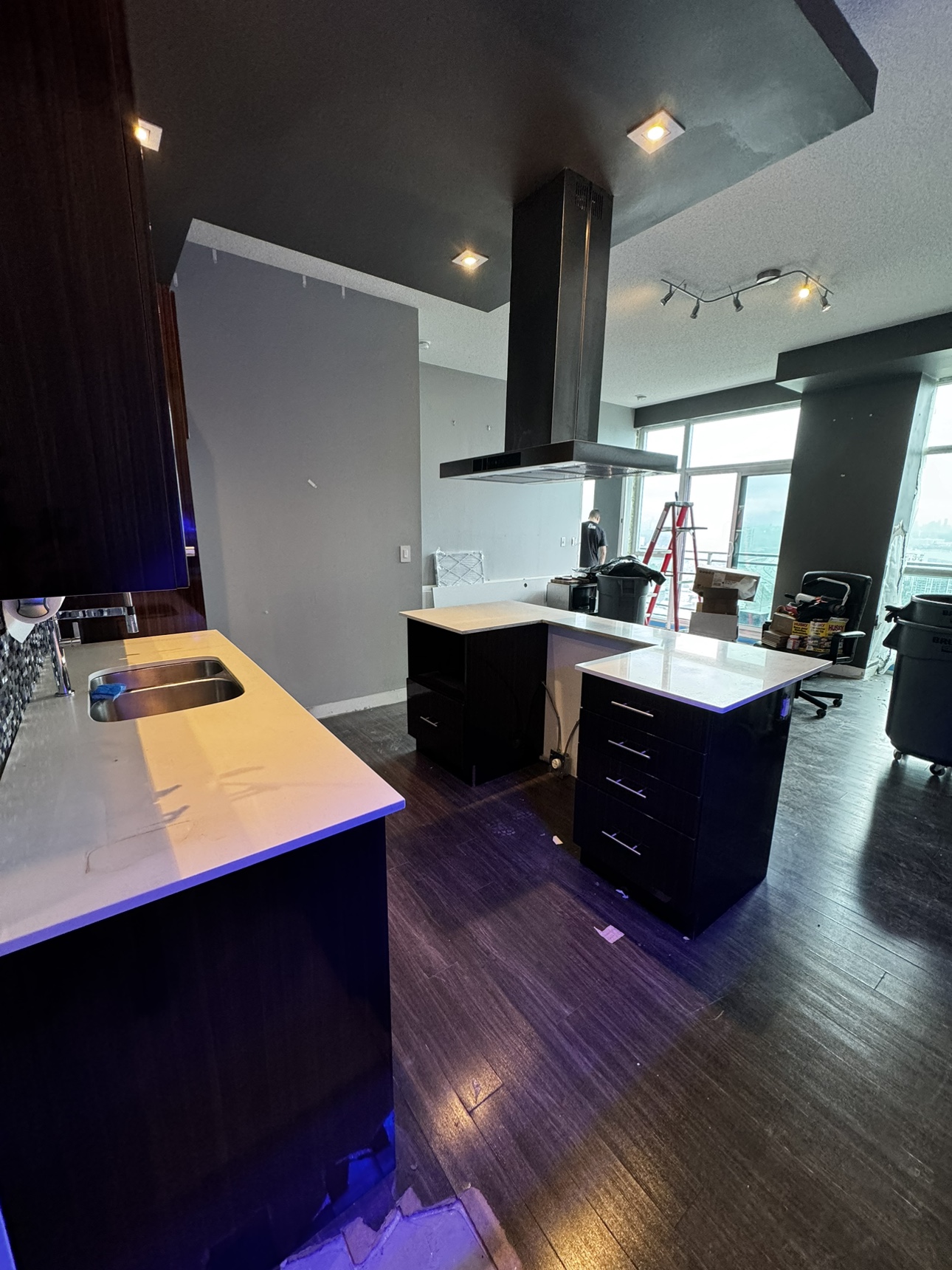 Kitchen Cabinetry island, quartz counters, sink, range fan - photo 5