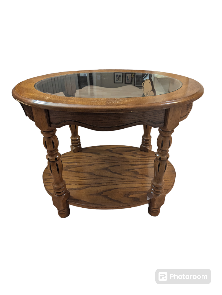 ONE vintage wood and glass side table thumbnail