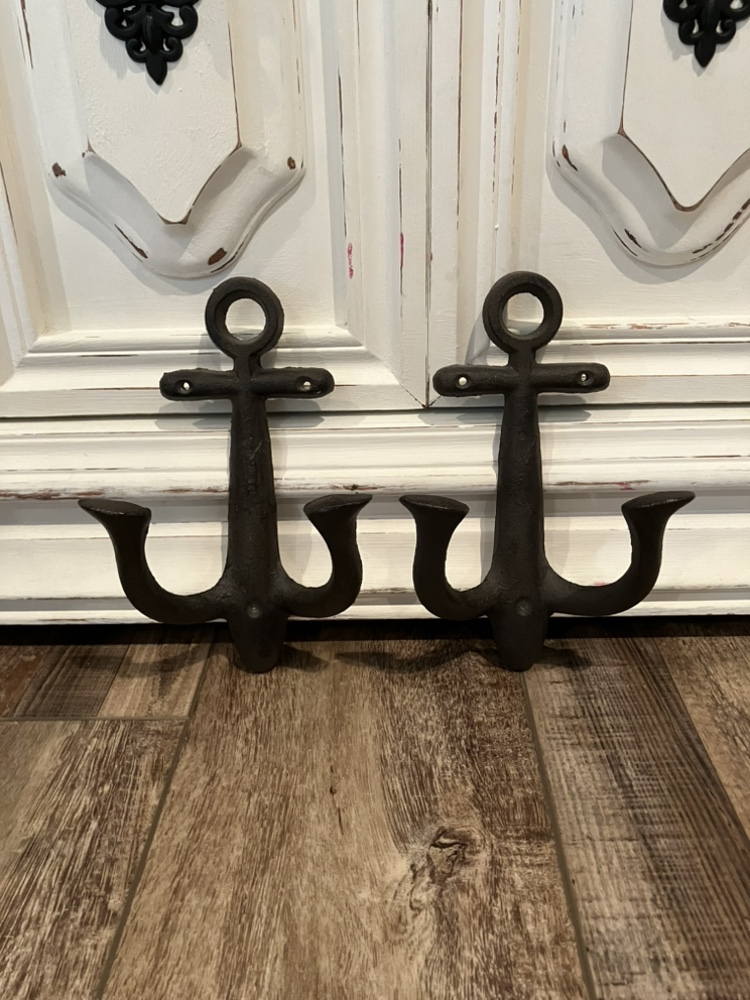 Set of 2 Cast Iron Anchor Wall Hooks, Dark Brown, 8.5-Inch thumbnail