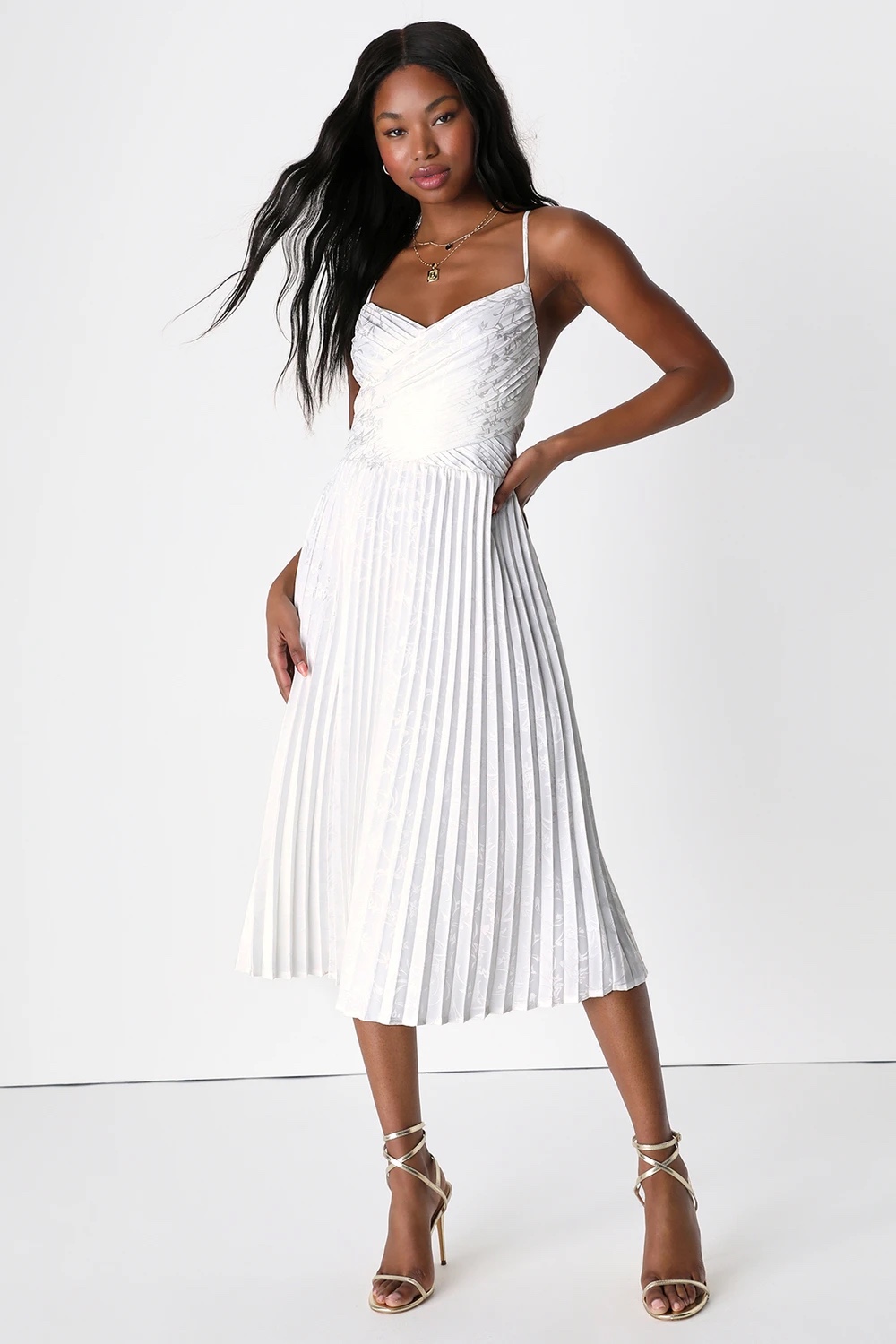 White Satin Jacquard Pleated Midi Dress thumbnail
