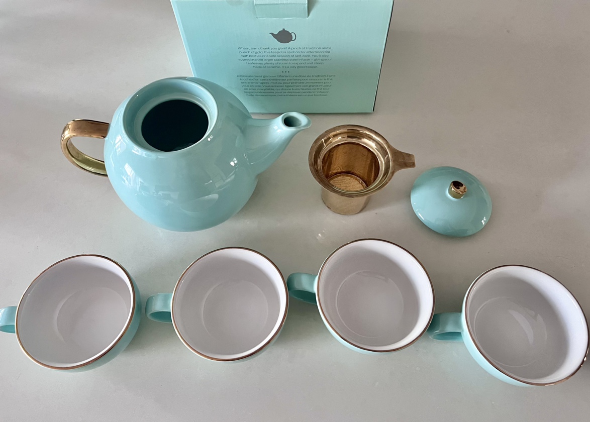 David’s Tea Turquoise & Gold Teapot & 4 Cups thumbnail
