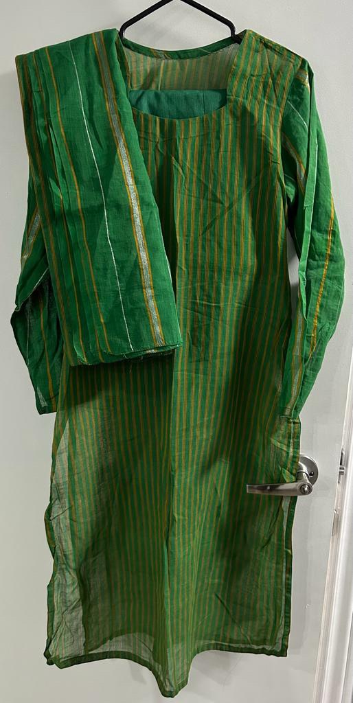 Green and Gold Striped Suit with Matching Dupatta