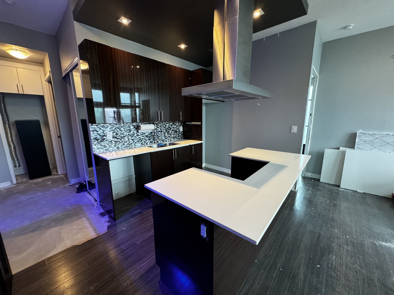 Kitchen Cabinetry island, quartz counters, sink, range fan - photo 2