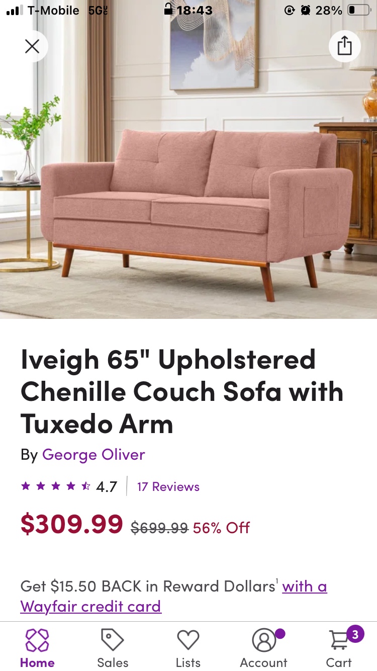 New Pink Couch with Wooden Legs